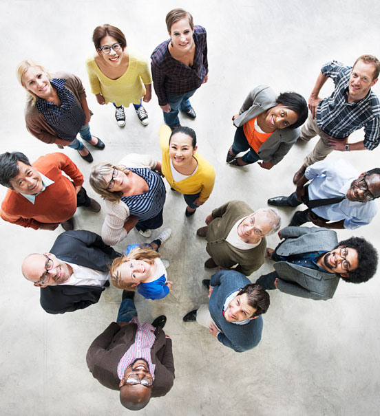 A group of people looking up towards the camera